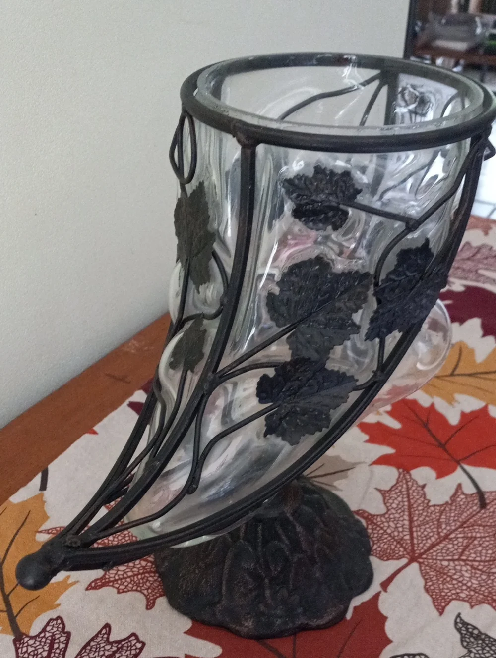 Caged Glass & Wrought Iron Cornucopia Horn of Plenty Fall Centerpiece Vase